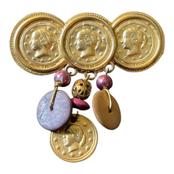 Gold Coin Brooch with Purple Accents - Picture 2 of 7